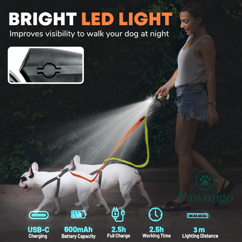 Pawmigo DualDog™ Retractable Leash — Walk 2 Dogs, No Tangles, With LED