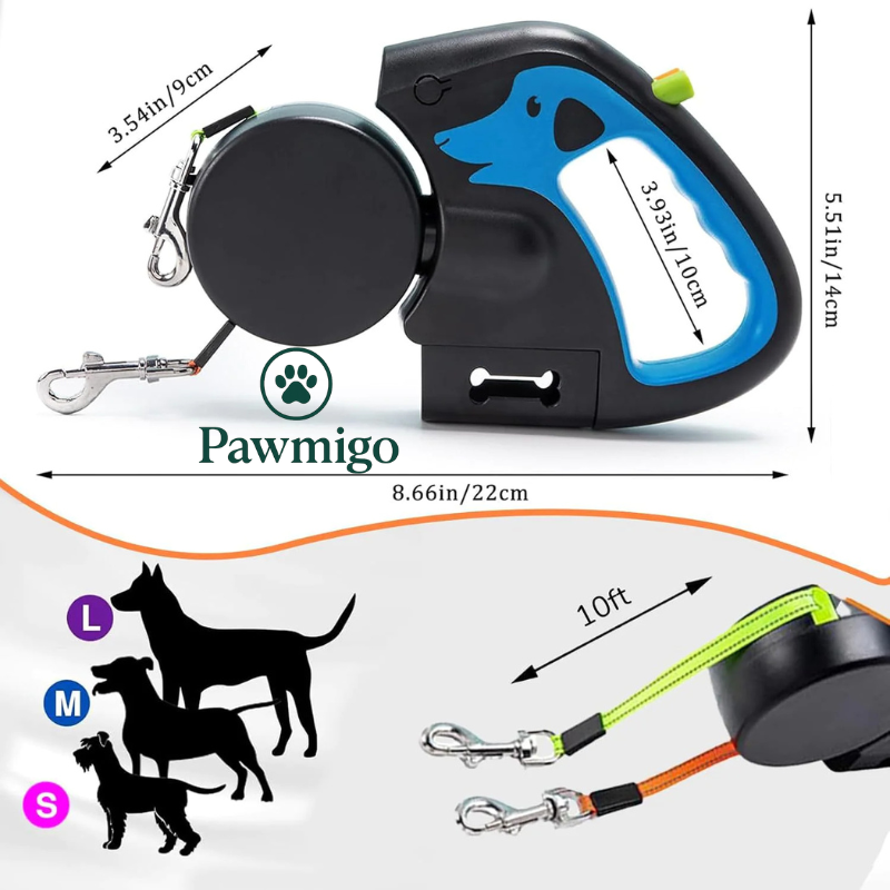 Pawmigo DualDog™ Retractable Leash — Walk 2 Dogs, No Tangles, With LED